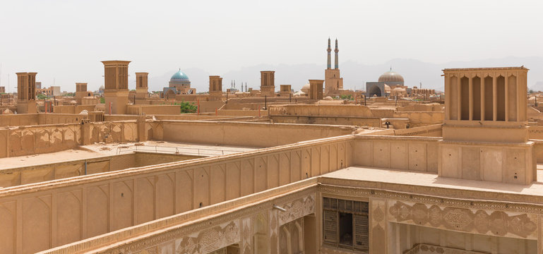 Panoramic view of badgirs and mosques of Yazd, Iran