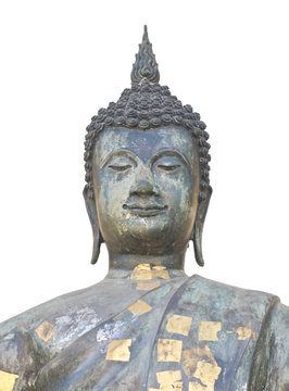 Closeup portrait of Buddha statue clipping on white background
