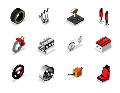 Isometric car services icon and logo, tyre, break, control, tool