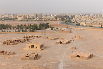 View to the Zoroastrian temples ruins and Yazd city from the Tow