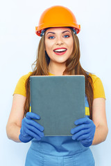 Engineer woman smile, hold business paper. Builder uniform cove