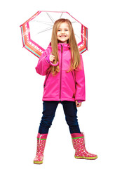 Little blonde hair girl standing against white background with