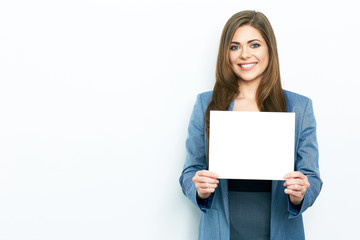 Emotional Business Woman hold white blank board.