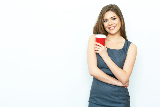 Red coffee cup. Relax time concept. Smiling business woman