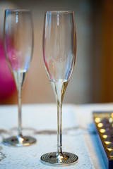 Wedding champagne glasses are on the table