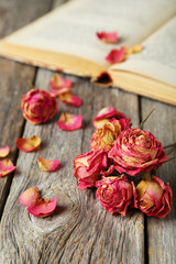 Naklejka na ściany i meble Dried roses on grey wooden background