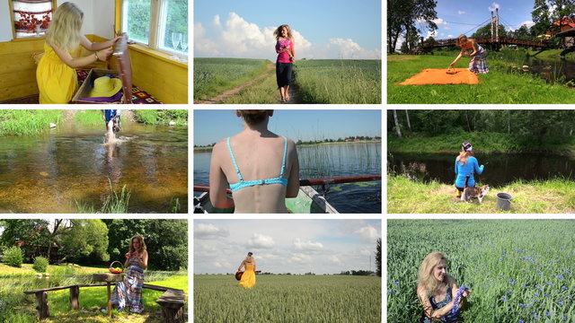 Happy woman spend holiday in nature. Active leisure. Collage