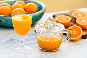 Fresh squeezed Orange juice in retro-stile hand squeezer 