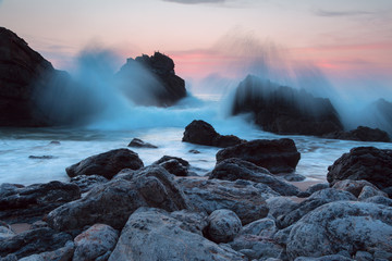 Evening Ocean Surf on a Rocky Shore