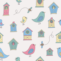 A set of cute bird houses and birds in a repeat pattern
