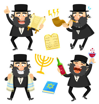 set of cartoon rabbis and Jewish symbols