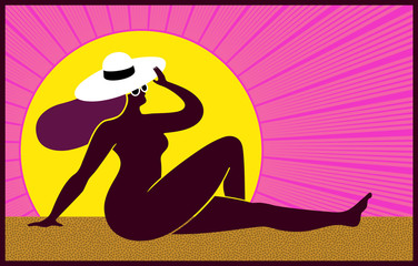 brown tanned girl sunbathing, basking in the hot blazing sun, summer holidays vector illustration