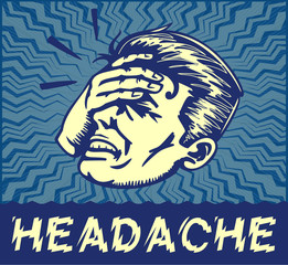 Retro dizzy man suffering from splitting headache or painful migraine holding forehead with hand, head thumping, vector clip art illustration