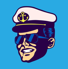 Retro cruise ship captain head with hat and aviator glasses smiling face vintage isolated vector illustration