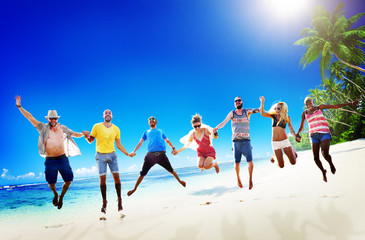 Diverse Beach Summer Friends Fun Jump Shot Concept