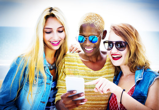 Diverse Summer Friends Fun Bonding Smart Phone Concept