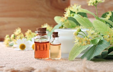 herbal cosmetic products bottles aroma oil, skincare cream, fresh flowers herbs leaves linden blossom