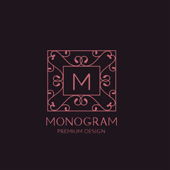 Artistic elegant floral monogram. Graceful line art logo design, letter M. Trendy business concept. Vector illustration.