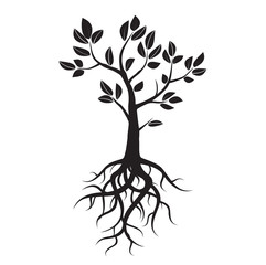 Fototapeta premium Black vector tree, leafs and roots