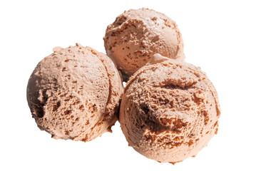 three balls of chocolate ice cream close-ups isolated