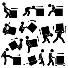 Man Moving Box Actions Postures Stick Figure Pictogram Icons - obrazy, fototapety, plakaty