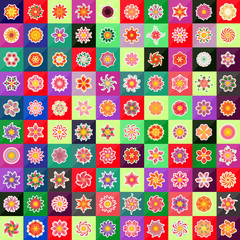 Flat Flower Icons Set - Isolated On Mosaic Background - Vector Illustration, Graphic Design, Editable For Your Design