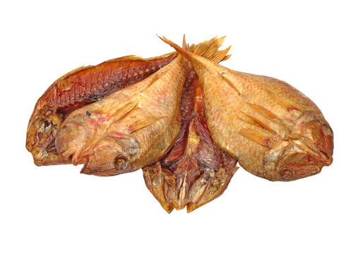 The heap of dried goatfish taken closeup.Isolated.