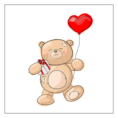 Obraz premium cute brown Teddy bear with a gift and a balloon in the shape of a heart