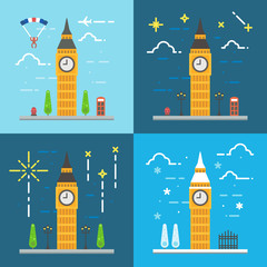 Flat design 4 styles of Big ben clock tower London United Kingdo