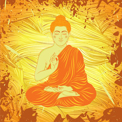Vintage poster with sitting Buddha on the grunge background. Retro hand drawn vector illustration