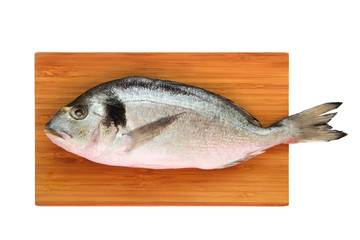 Uncooked fish dorado on wooden board
