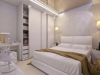 Fototapeta na wymiar 3D illustration of a white bedroom in modern style
