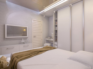 3D illustration of a white bedroom in modern style