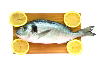 Uncooked fish dorado on wooden board