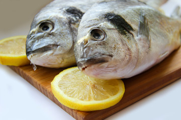 Two dorado on wooden board