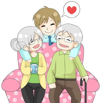 Cute cartoon son is hugging their old elder parents mother and f