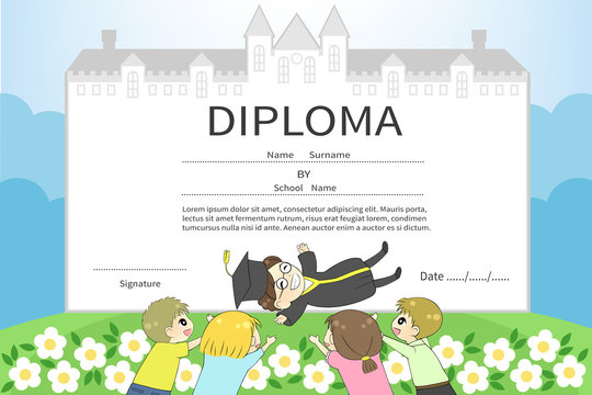 Cartoon male college student friends celebration diploma certificate