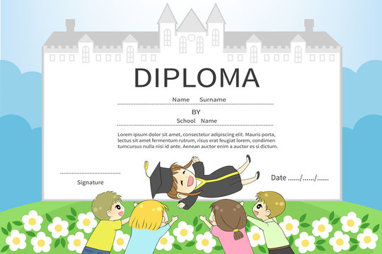 Cartoon college schoolgirl student friends celebration diploma certificate