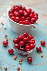 Sweet Cherry in Bowl on Rustic Table