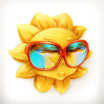 Hot summer sun, sunglasses, vector icon