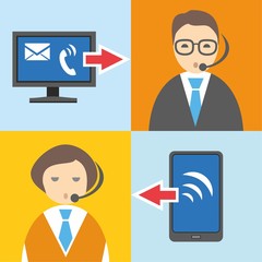 Call centre, flat color illustration, information graphics. 