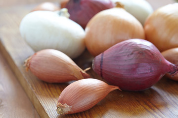 colorful onions on rustic wooden background