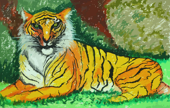 tiger in green forest painting background