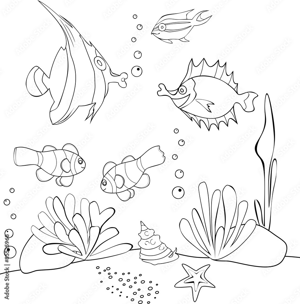 Wall mural coloring with tropical fish - Wall murals