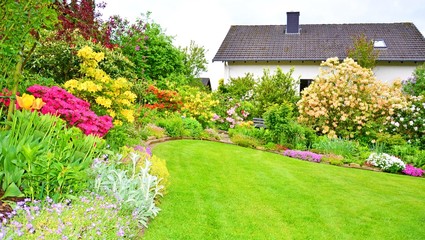 Gartenanlage mit Azaleen, Rhododendren und Steinkraut