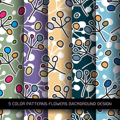 Set of 5 colors patterns with flowers and abstract decorative