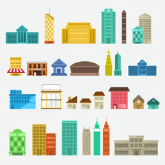 Building icon set concept for use to city landscape condominium, house, tower. Vector flat design
