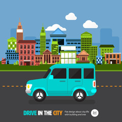 Flat design concept car on the road with city background. Vector illustrate.
