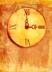 A grunge watercolor drawing of a vintage clock