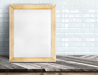 Fototapeta premium Empty stone marble table and blurred pale plank wooden wall in b